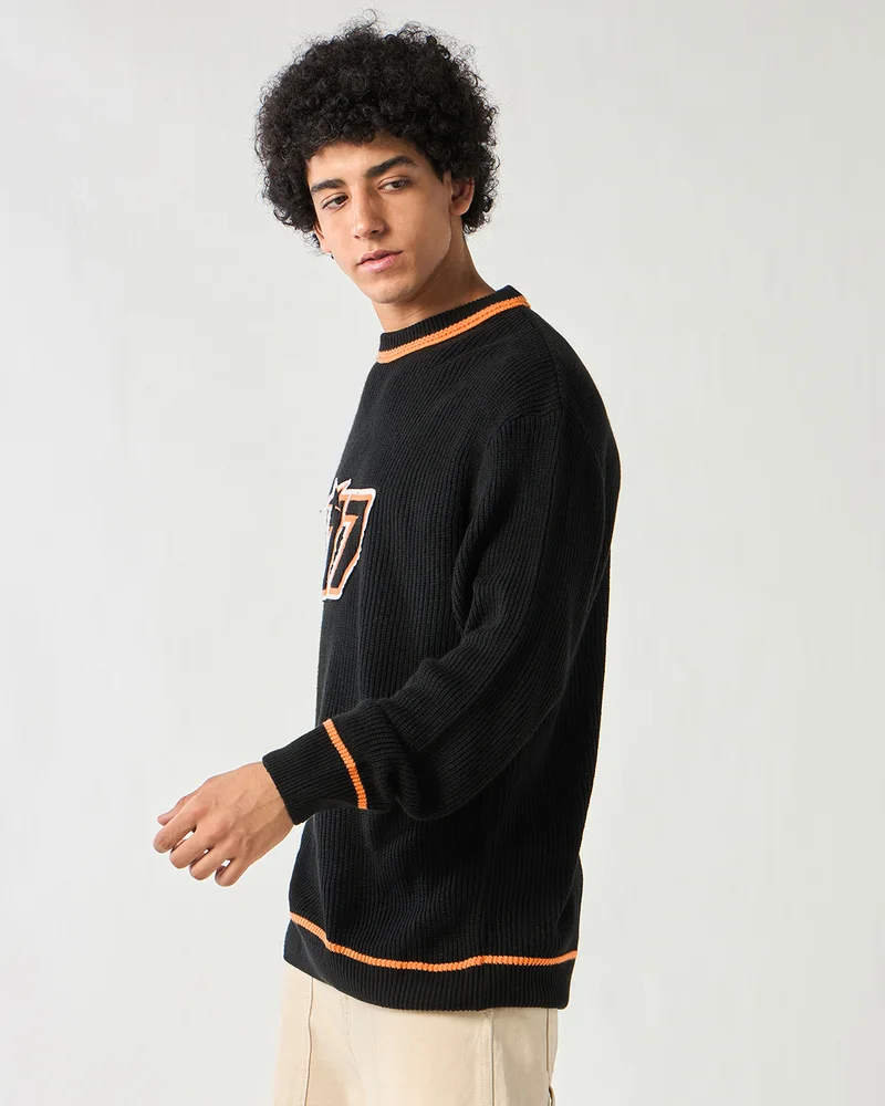 bewakoof Men's Black & Orange Typography Super Loose Fit Sweater